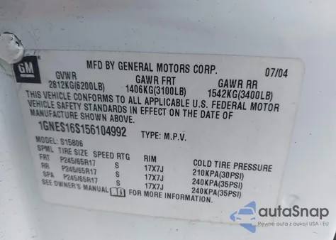 2005 Chevrolet Trailblazer Ext Lt from USA, damaged, VIN 1GNES16S156104992